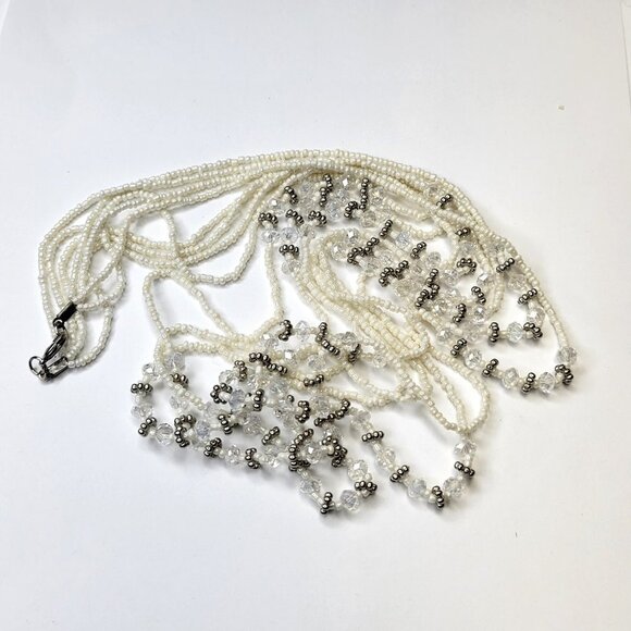 Multistrand Silver Tone and White Beads Long Necklace - Picture 6 of 14